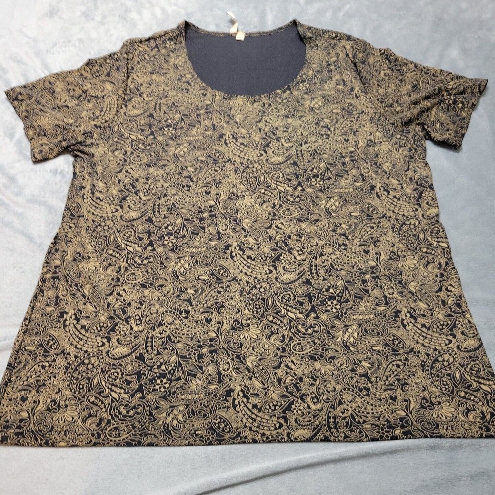 Susan Lawrence Shirt Womens 1X Blouse Black Beige Floral Slinky Short Sleeve Top